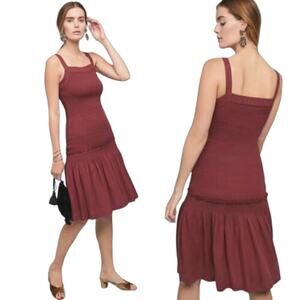 Anthropologie Burgundy Square Neck Smocked Waist Escondido Dress Size XS